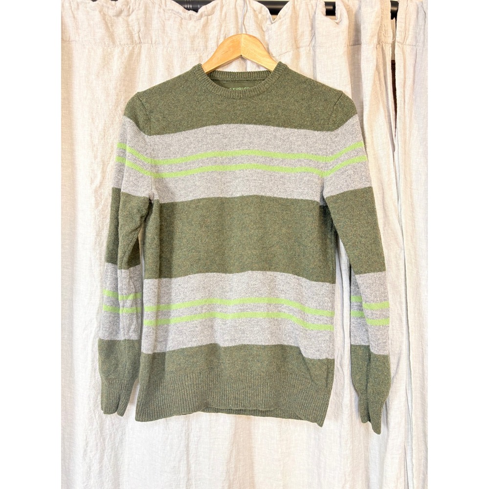 Express Mens Lambswool Blend Striped Crewneck Sweater Olive Grey Lime Green